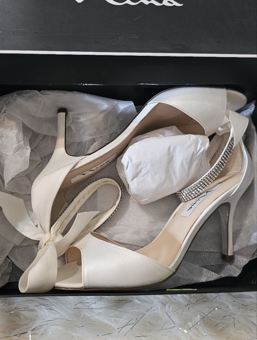 Nina Shoes Ivory Satin Open-Toe Heels with Ankle Ribbon and Rhinestones